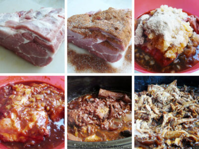 Collage showing raw pork joint, pork joint with dry spice rub, pork joint in red bowl with other ingredients, cooked pork joint in slow cooker, and shredded pulled pork.