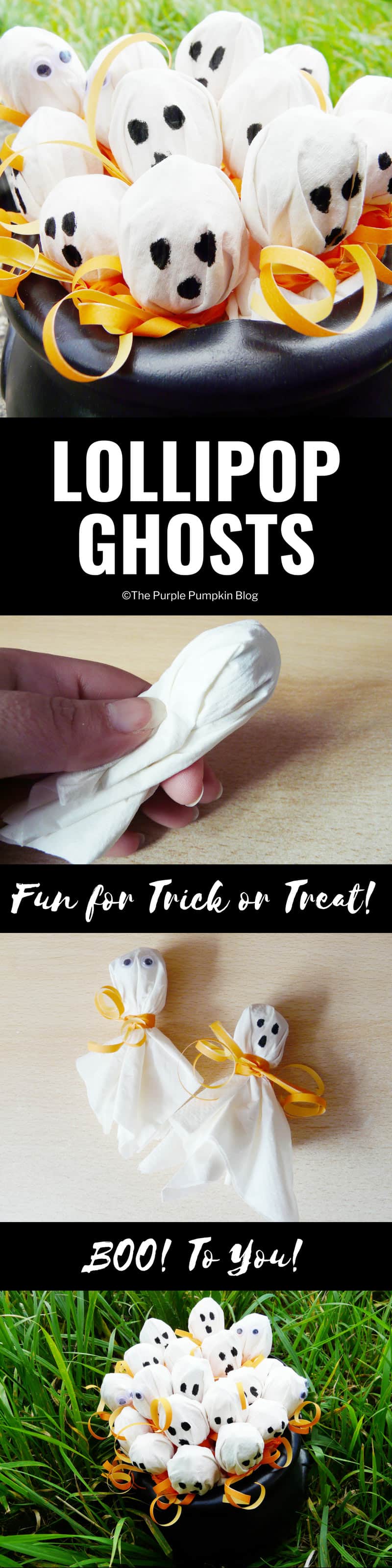 Lollipop Ghosts / Turn lollipops/suckers into cute little ghosts for Trick or Treaters! All you need are some white napkins, ribbon and a black marker pen! And of course the candy!