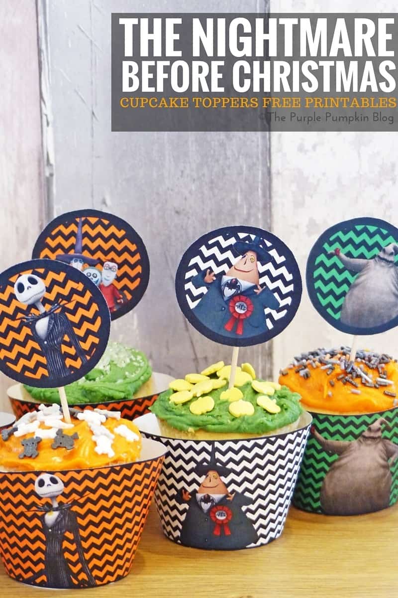 Halloween Cupcake Toppers - The Nightmare Before Christmas. Free printables, plus matching Halloween party items on this blog!