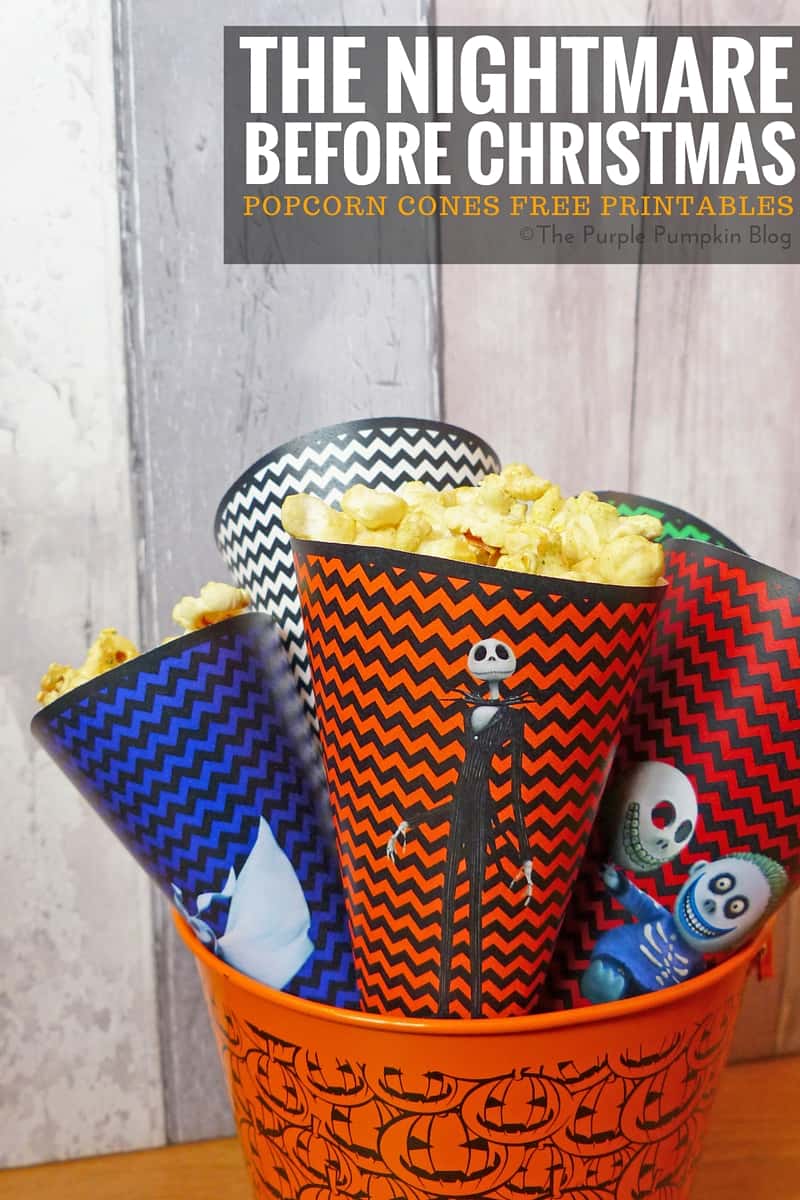 Popcorn Cones - The Nightmare Before Christmas. Free printables, plus matching Halloween party items on this blog!