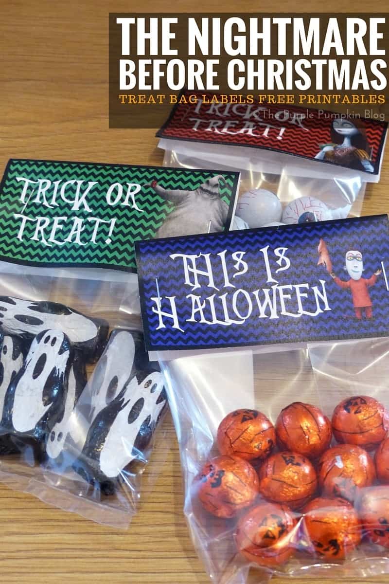 Treat Bag Labels - The Nightmare Before Christmas. Free printables, plus matching Halloween party items on this blog!