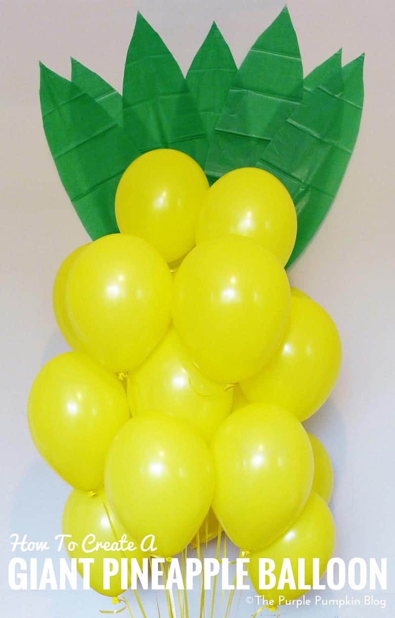 How to create a giant pineapple balloon. This would be so much fun for a tropical or Hawaiian party. You just need yellow balloons, green paper, yellow ribbon and a Balloon Time helium tank!