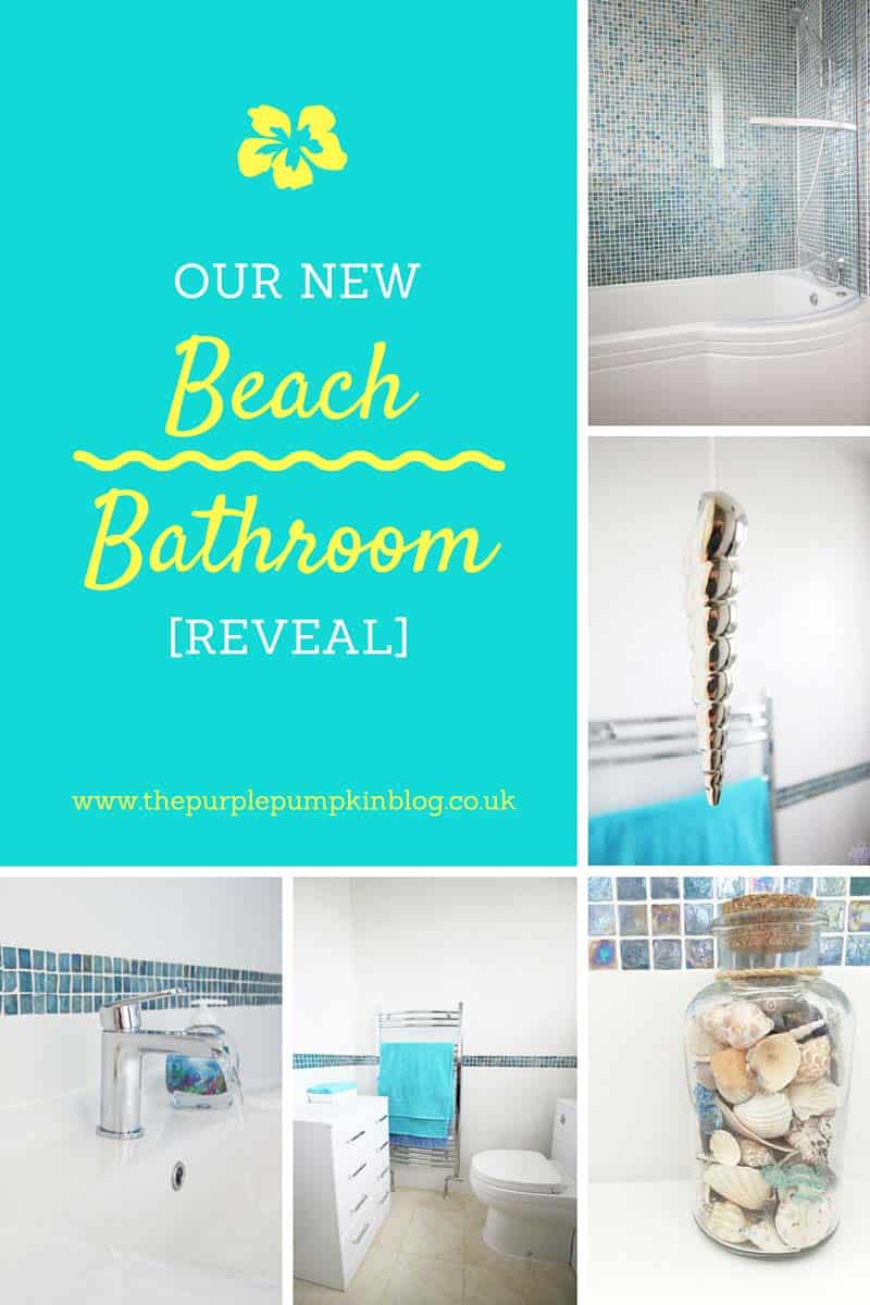 Beach Bathroom Reveal - with ideas and inspiration for creating a beach themed bathroom in your home. Includes day-by-day renovation photos, Bathroom Takeaway bathroom (Ad), mosaic tiles, beach themed accessories, and before and after photographs!