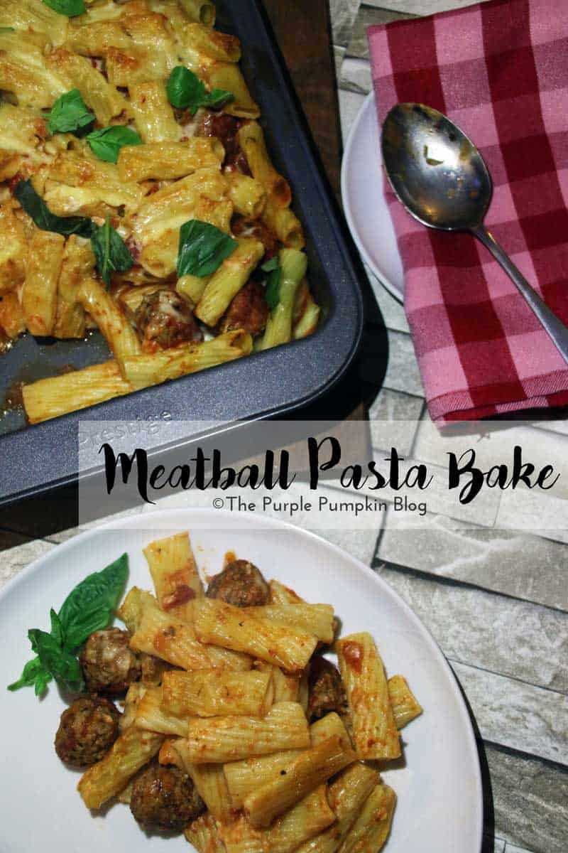 A quick and easy meatball pasta bake. Great for mid-week family meals! This recipe uses a jar of tomato sauce, but you could always make your own if you have more time.