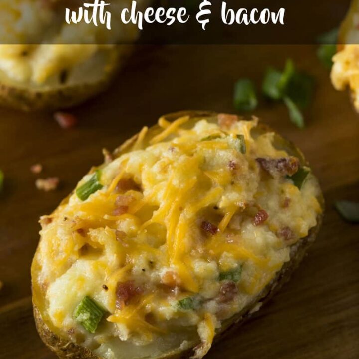 Loaded Jacket Potatoes with Cheese & Bacon. These can be made ahead of time, and are a tasty meal prep recipe.