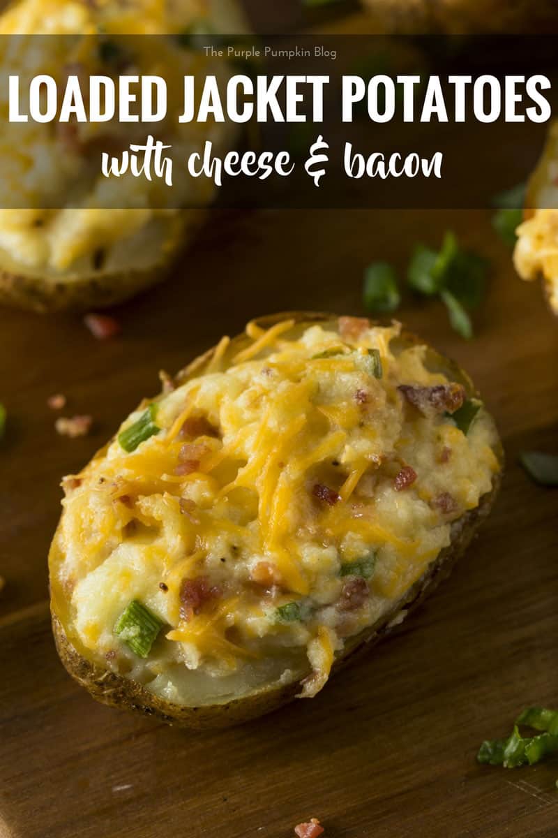 Loaded Jacket Potatoes with Cheese & Bacon. These can be made ahead of time, and are a tasty meal prep recipe.