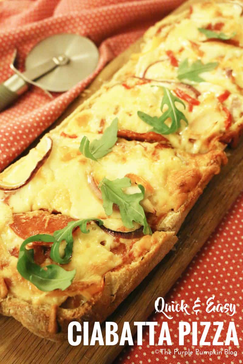 Quick + Easy Ciabatta Pizza. A store bought ciabatta loaf, topped with your favorite pizza toppings makes this dish super quick and easy! Great when you don't have much time!