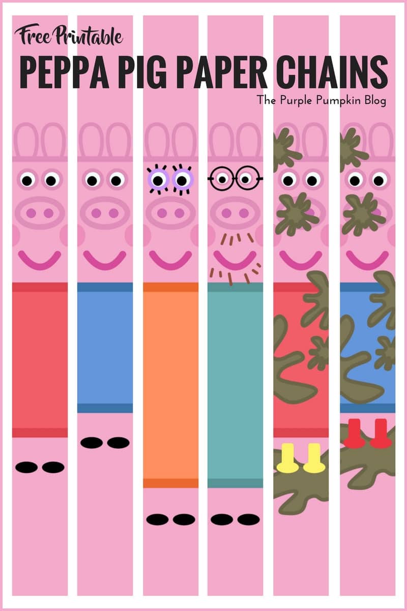 Peppa Pig Paper Chains. These are a fun and easy to make party decoration for a Peppa Pig themed birthday party. Just print as many as you need, cut and glue in loops to make long chains.