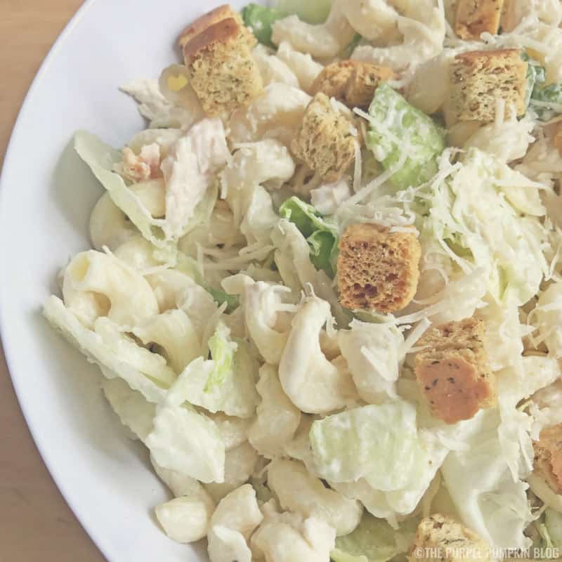 Chicken & Pasta Caesar Salad. Use ready cooked chicken, and your favourite brand of Caesar dressing to make this delicious, quick, and easy salad!