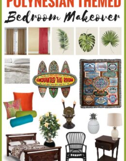 Create a tropical hideaway in your home with this Polynesian Themed Bedroom Makeover Mood Board! Think bright, bold colours and prints, dark wood, rattan, and bamboo furniture, tropical flowers, and tiki statues! Inspired by Disney's Polynesian Village Resort!