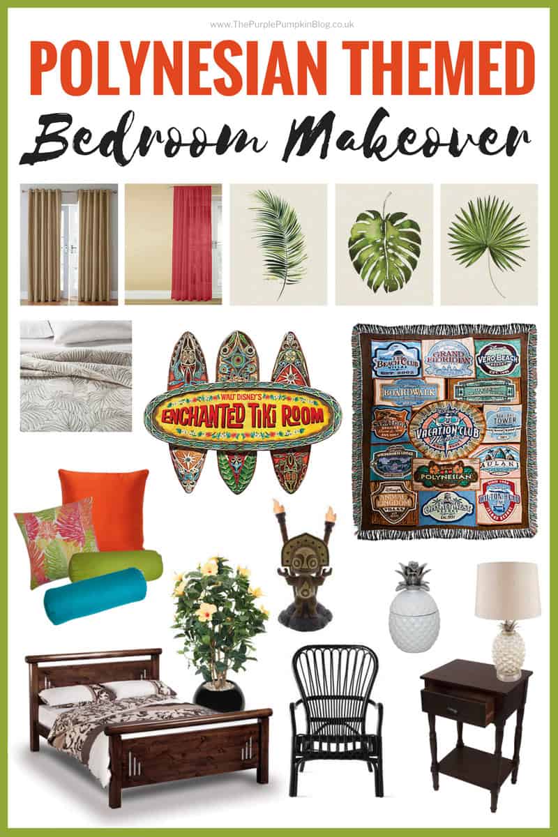 Create a tropical hideaway in your home with this Polynesian Themed Bedroom Makeover Mood Board! Think bright, bold colours and prints, dark wood, rattan, and bamboo furniture, tropical flowers, and tiki statues! Inspired by Disney's Polynesian Village Resort!