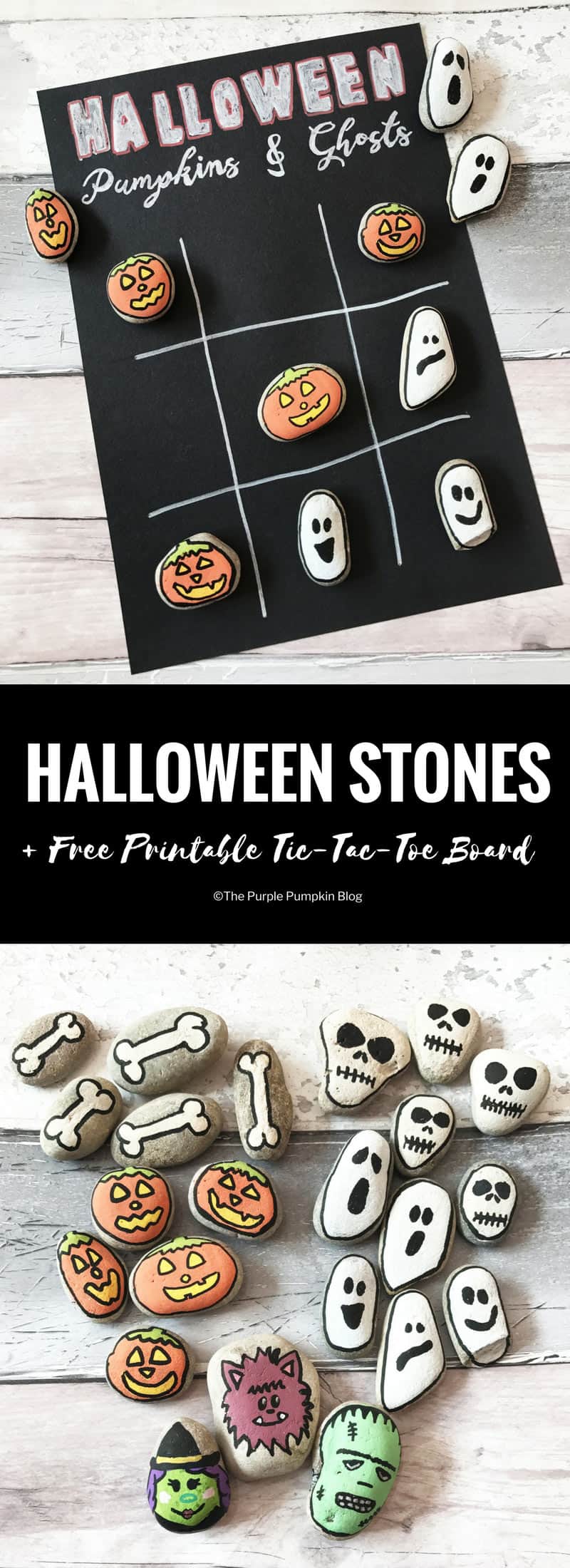Halloween Stones: Tic-Tac-Toe. Paint stones with Halloween characters then use them to play Halloween Tic-Tac-Toe! A free printable is included in this blog post. (Plus TONS of awesome #Halloween ideas and #FreePrintables!)