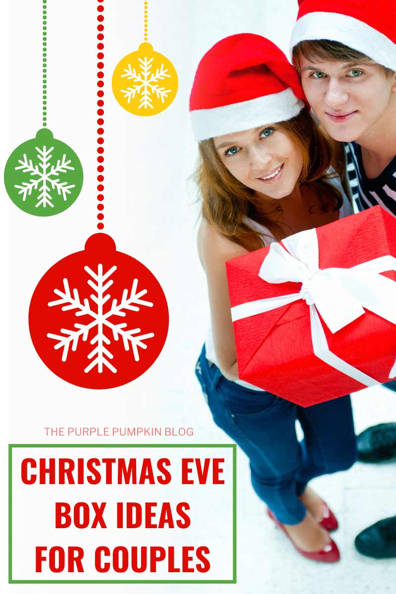 A young couple wearing Santa hats and holding a red gift box tied with a white bow Text overlay: Christmas Eve Box Ideas for Couples