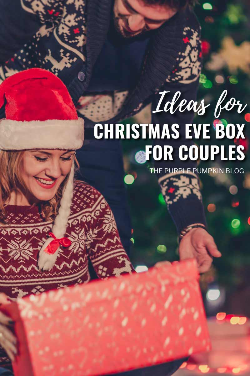 A couple wearing christmas jumpers and santa hats, opening up a gift box Text overlay: Ideas for Christmas Eve Box for Couples