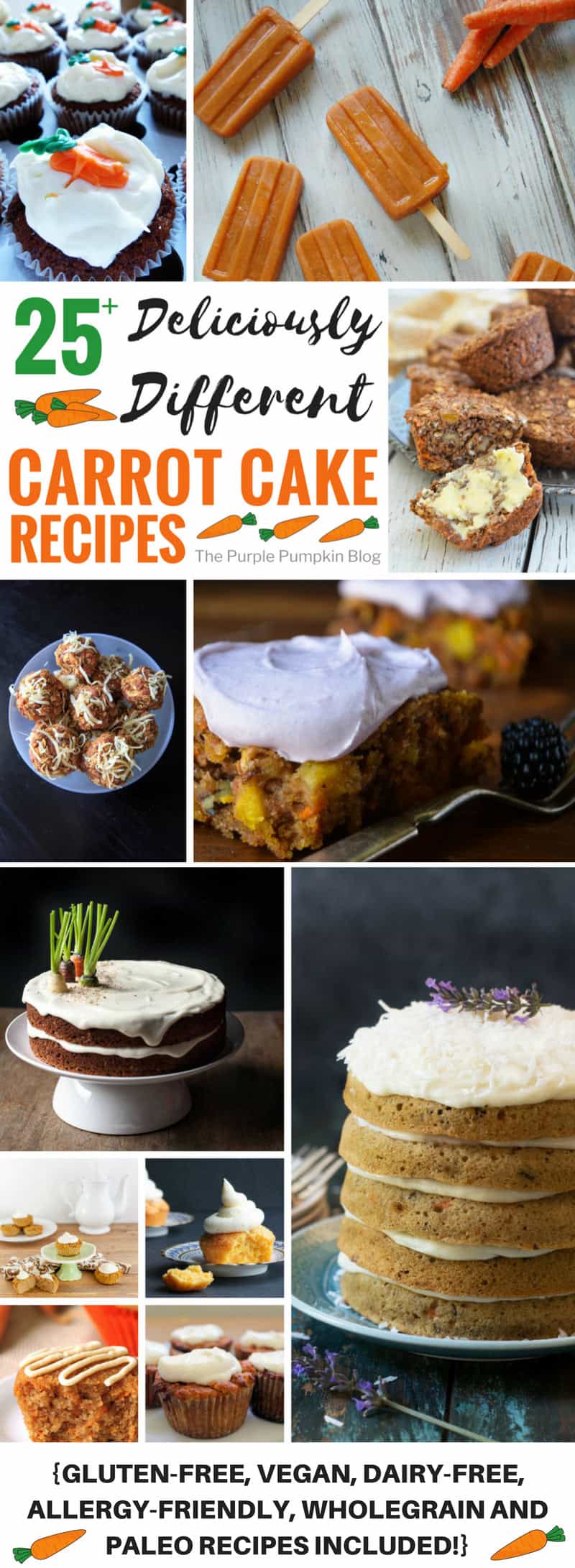25 Deliciously Different Carrot Cake Recipes! Including cupcakes, muffins, energy bites, and even popsicles! There are also carrot cake recipes that are gluten-free, vegan, dairy-free, allergy-friendly, wholegrain and paleo - so there is a carrot cake recipe for everyone in this roundup!