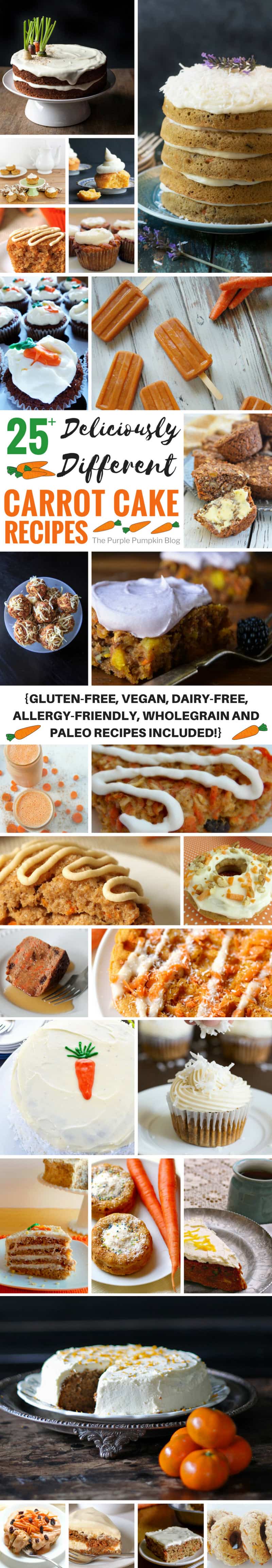25 Deliciously Different Carrot Cake Recipes! Including cupcakes, muffins, energy bites, and even popsicles! There are also carrot cake recipes that are gluten-free, vegan, dairy-free, allergy-friendly, wholegrain and paleo - so there is a carrot cake recipe for everyone in this roundup!