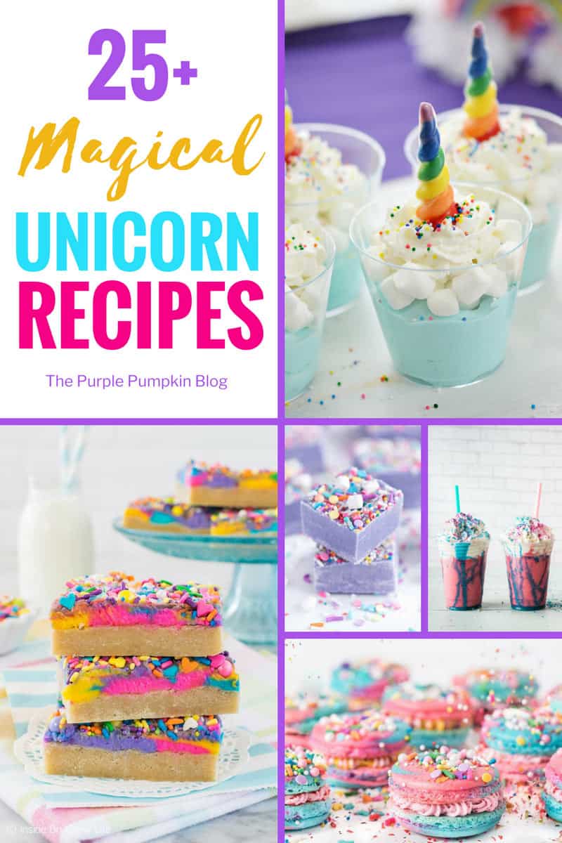 25+ Unicorn Recipes! Is there anything more magical than unicorn themed food? I don't think so! This roundup of unicorn recipes is a great place to start if you're throwing a unicorn themed party, or if you just want to make meals and treats all that more enchanting! Includes cupcakes, ice cream, fudge, beverages, and even grilled cheese!!