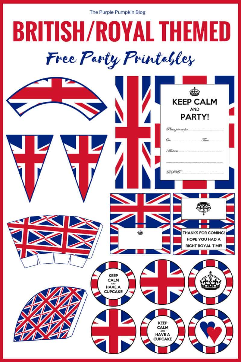 British/Royal Themed Free Party Printables! The next Royal Wedding might be decades away, but you can still celebrate in a right Royal style! You can print these free party printables for a British or Royal Themed Party! Included in this set of British/Royal Party Printables are: invitations, cupcake toppers, cupcake wrappers, food labels, bunting, and more!