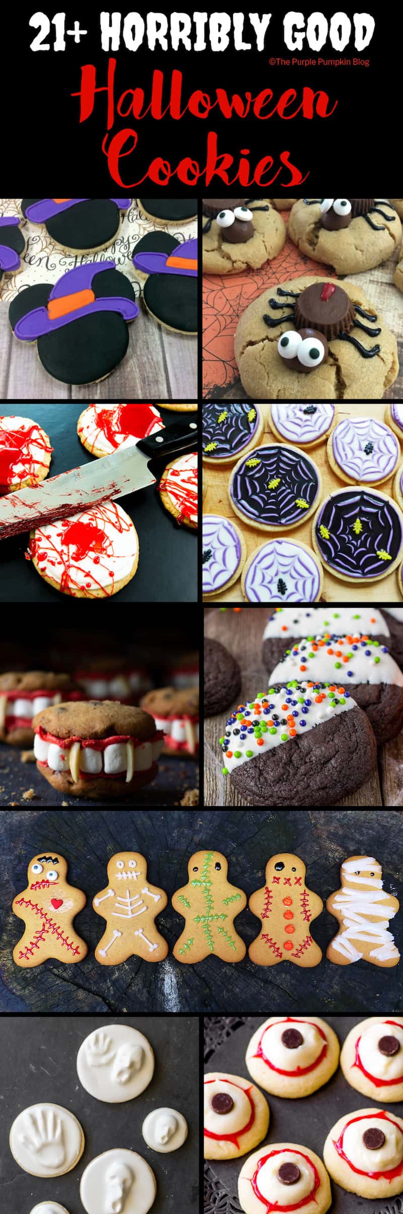 These 21+ Horribly Good Halloween cookies include Halloween cookie recipes that you bake from scratch, as well as cheat's cookies where you decorate store bought ones.