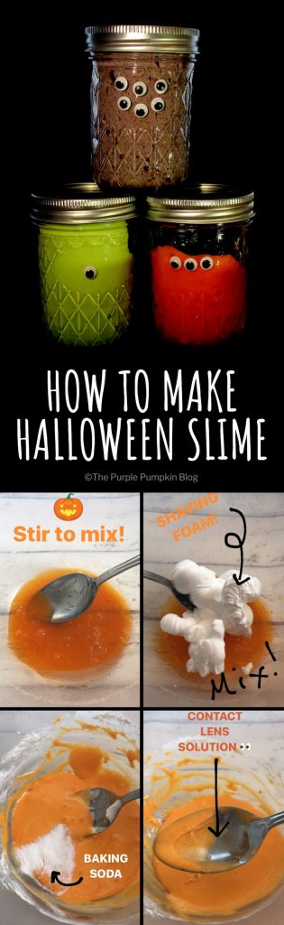 How To Make Halloween Slime! This ooey-gooey Halloween Slime is easy to make a fun to play with! Most of the ingredients can be found at home - shaving foam, white PVA/Elmers Glue, glitter, food colouring, bicarbonate of soda/baking soda, and contact lense solution. Adult supervision required for kids.