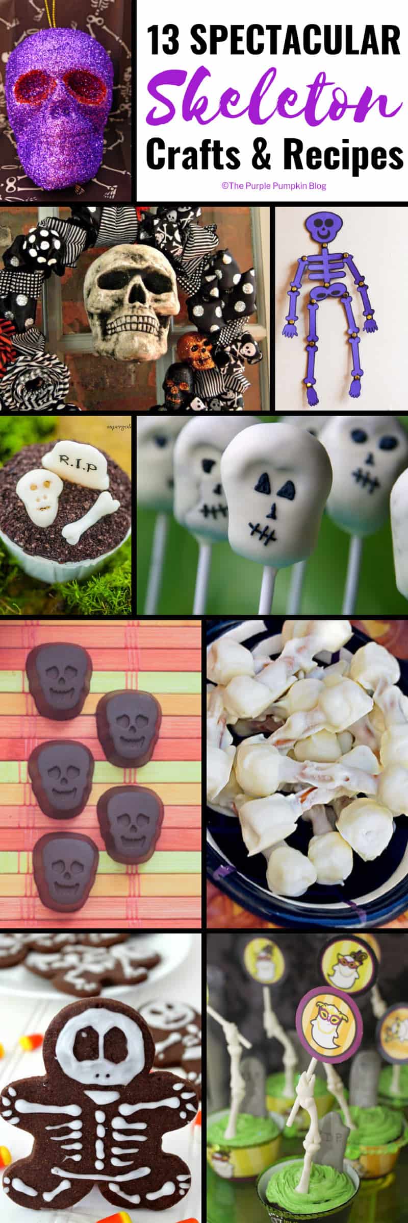 13 Spectacular Skeleton Crafts & Recipes for Halloween - a selection of spooky crafts including wreaths, paper crafts, and more, plus delicious recipes for cake pops, truffles, and cupcakes!