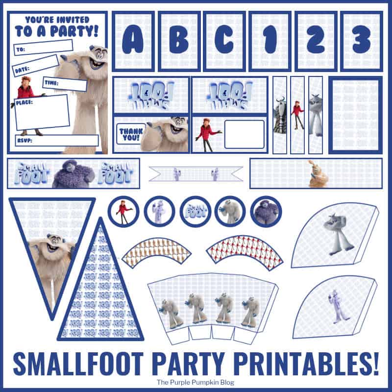 Smallfoot Party Printables! Everything you need to throw an awesome Smallfoot party can be downloaded for personal use! The free printables include party invitations, favor bag toppers, pennants, alphabet and number banner flags, popcorn boxes, treat cones, party food labels, paper chains, bottle wrappers, napkin rings, straw flags, cupcake toppers, and cupcake wrappers – it’s the motherload of Smallfoot party printables!
