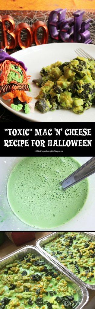 This 'Toxic' Mac 'n' Cheese Recipe is a great Halloween dish for dinner or for a party buffet table. All it takes is some spooky shaped pasta and green food colouring to turn regular macaroni and cheese into this 'toxic' version for Halloween!