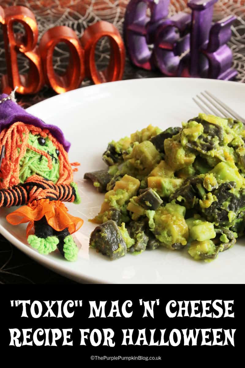 A plate with green mac'n' cheese for Halloween with a witch voodoo doll as decoration! Text overlay says "Toxic Mac'n' Cheese Recipe for Halloween".