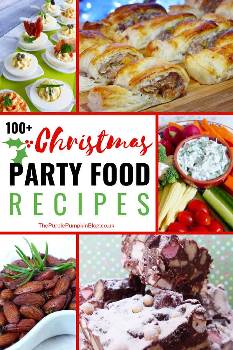 Keep this handy list of 100+ Christmas Party Food Recipes nearby and you will never run out of delicious appetisers, dips, snacks, and sweets to put on your Christmas buffet! Recipes are also great for work and school classroom parties, potlucks, and more. Save this list from The Purple Pumpkin Blog to use year after year!