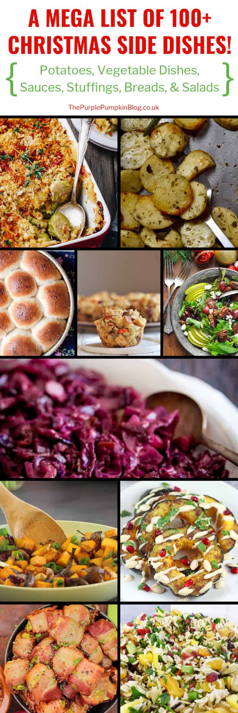 A mega list of 100+ Christmas Side Dishes, which include recipes for a variety of sides including potatoes, vegetables, sauces, breads, and salads. So if you are stuck in a rut with the same side dishes every Christmas, why not take a look through this list of recipes and switch things up a bit! #ChristmasSideDishes #Sides #ChristmasRecipes