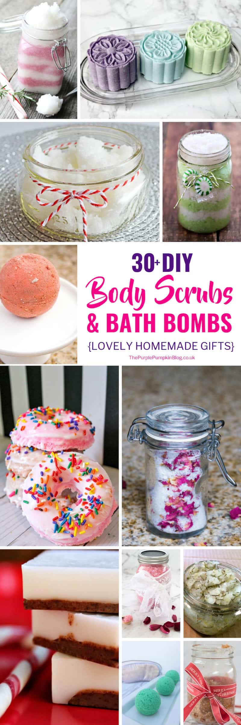 DIY Body Scrubs & Bath Bombs make lovely homemade gifts for Christmas or throughout the year. Some of the supplies used in making these body scrubs and bath bombs can be found at home, so you might be able to get started making them right away! #homemadegifts #diybodyscrubs #diybathbombs #sugarscrubs