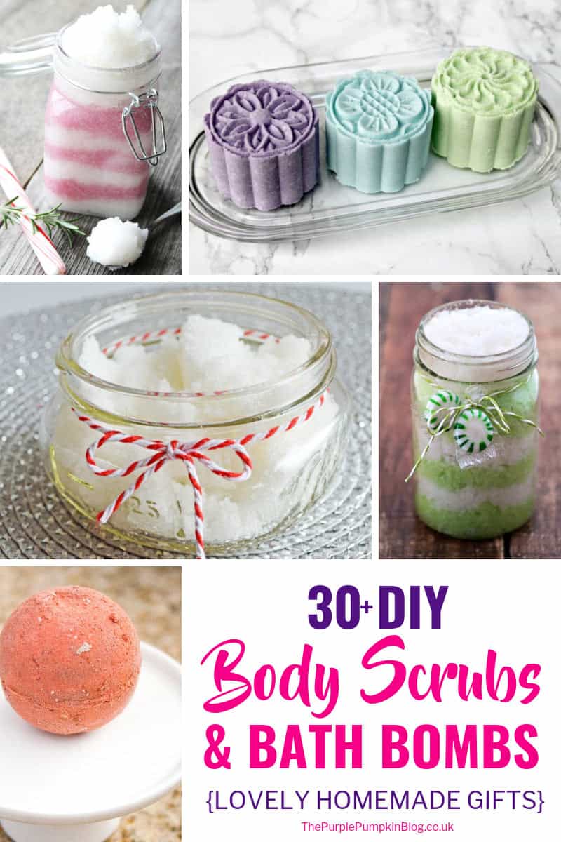 DIY Body Scrubs & Bath Bombs make lovely homemade gifts for Christmas or throughout the year. Some of the supplies used in making these body scrubs and bath bombs can be found at home, so you might be able to get started making them right away! #homemadegifts #diybodyscrubs #diybathbombs #sugarscrubs
