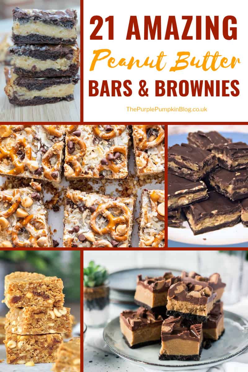 21 Peanut Butter Bars & Brownie Recipes! If you love a chocolate/peanut butter combo, then you're going to love these recipes!  This roundup of peanut butter bars and brownies include: Low Carb; Keto; Gluten-Free; and Vegan recipes. There is an amazing variety of recipes too, with delicious flavourings and ingredients including bananas, coconut, butterscotch, cereal, and pretzels! #PeanutButterBars #Brownies #PeanutButterRecipes