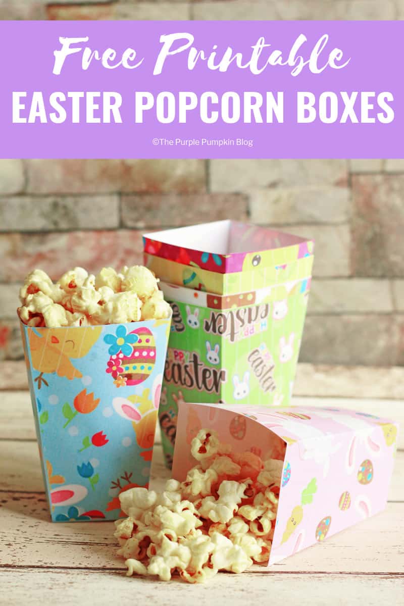 These free printable Easter popcorn boxes are so cute, and easy to make! Just download the free printables (6 different Easter designs), print, cut, fold, and stick together to form the popcorn box. The best part is filling each one with yummy popcorn! #EasterPopcornBoxes #FreePrintables #PopcornBoxes #EasterPopcorn #EasterPrintables