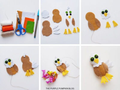 A collage demonstrating how to make an American Bald Eagle felt plush