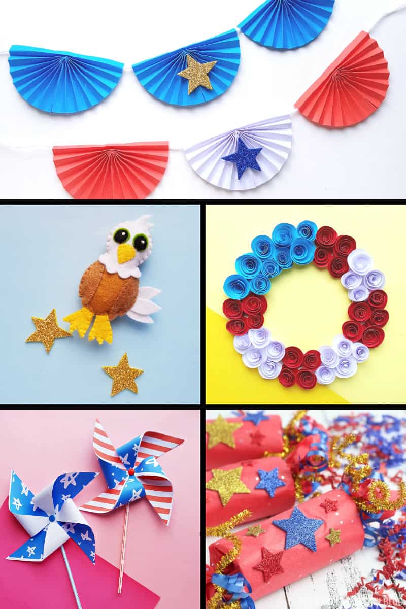 Pictures of patriotic, red, white, and blue craft projects