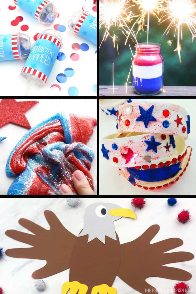 Pictures of patriotic, red, white, and blue craft projects
