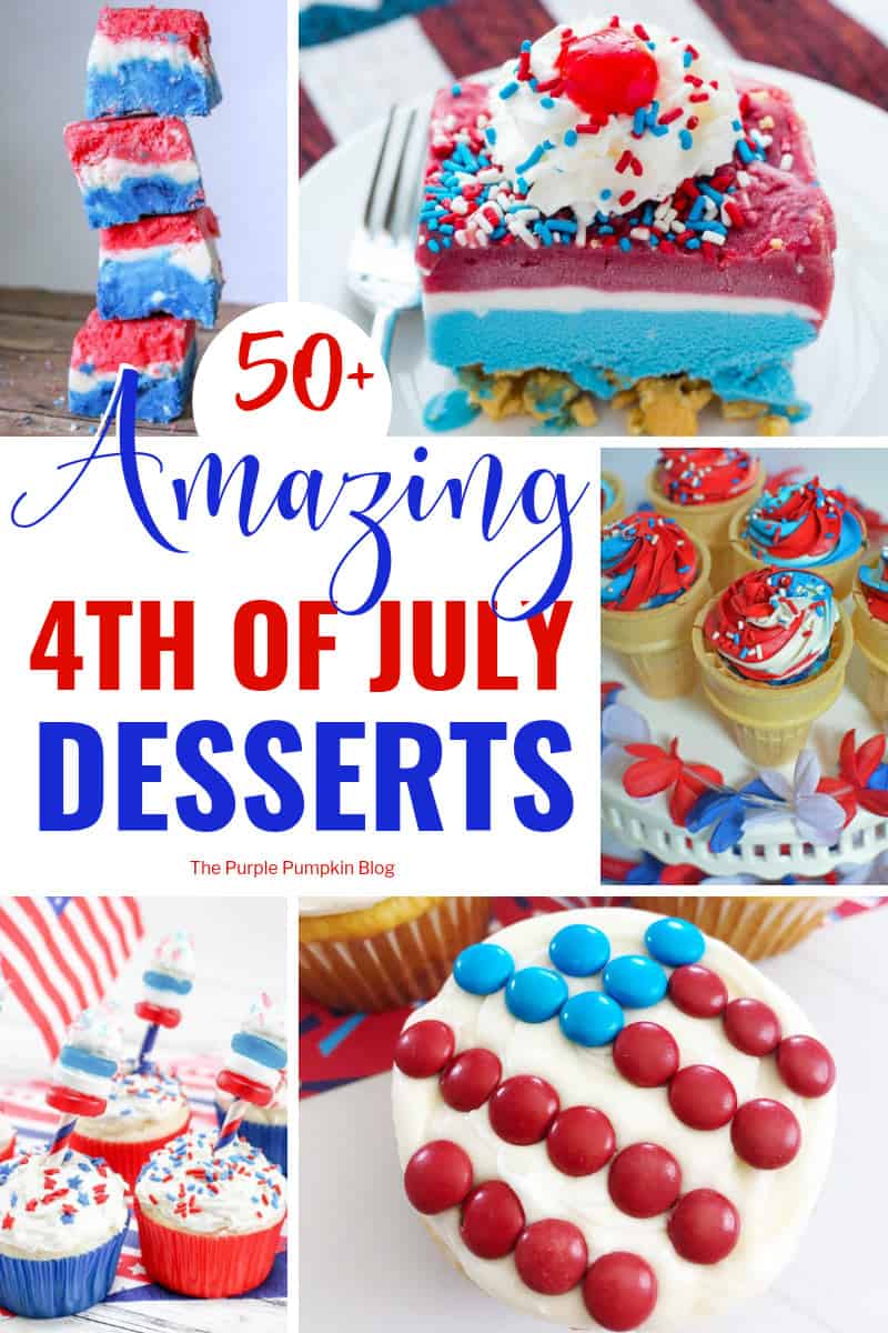 A collage of red, white, and blue patriotic desserts with cupcakes, and fudge