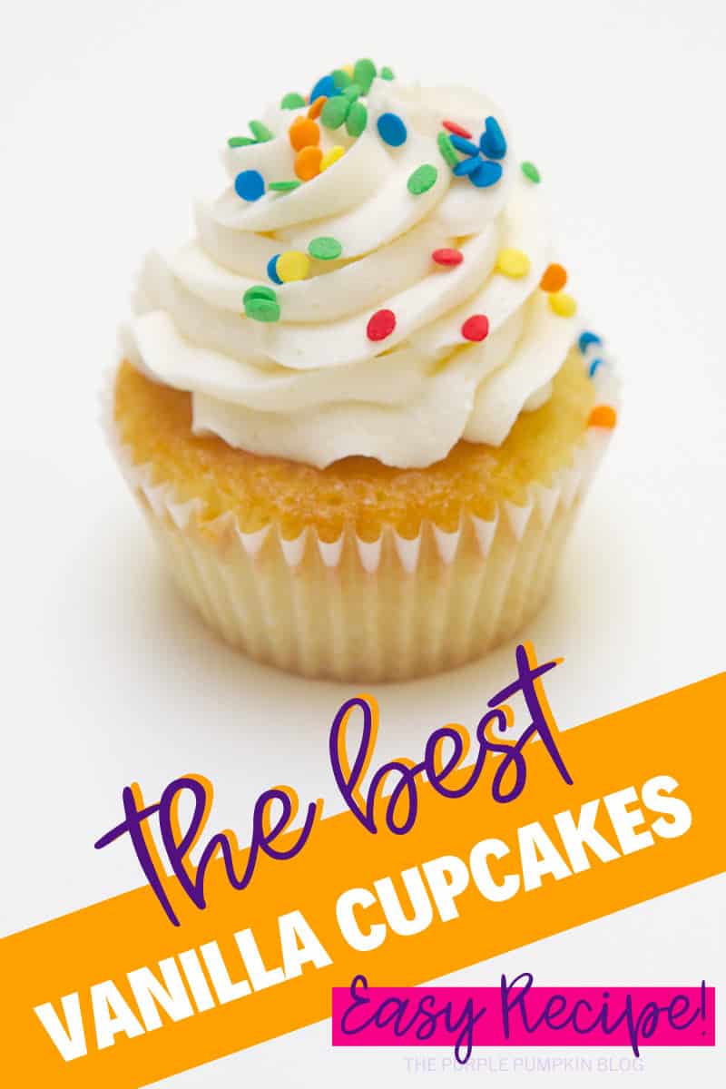 A vanilla cupcake with white frosting and multicolored sprinkles - the best vanilla cupcakes easy recipe!
