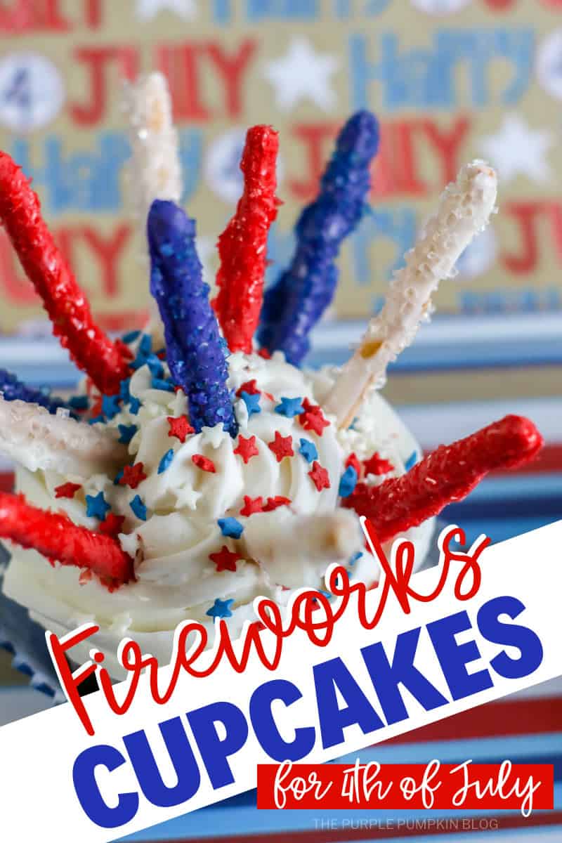 Fireworks Cupcakes for 4th of July. White frosted cupcakes with red, white, and blue star sprinkles, and candy coated pretzel sticks