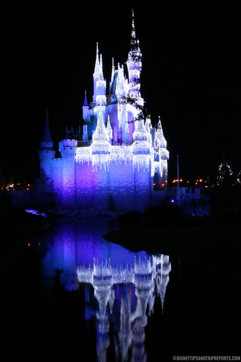 Cinderella Castle covered in ice lights