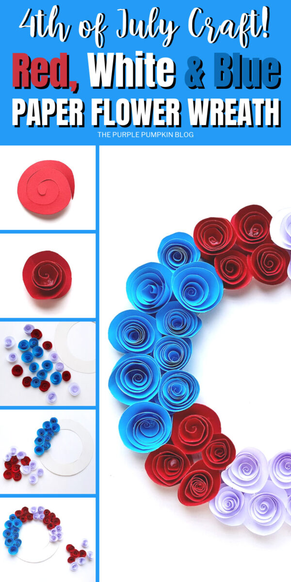 Step by step pictures showing how to make a paper flower wreath for 4th of July