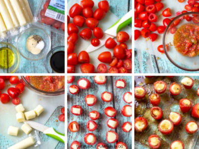 Recipe card showing steps for making Mozzarella Stuffed Tomatoes