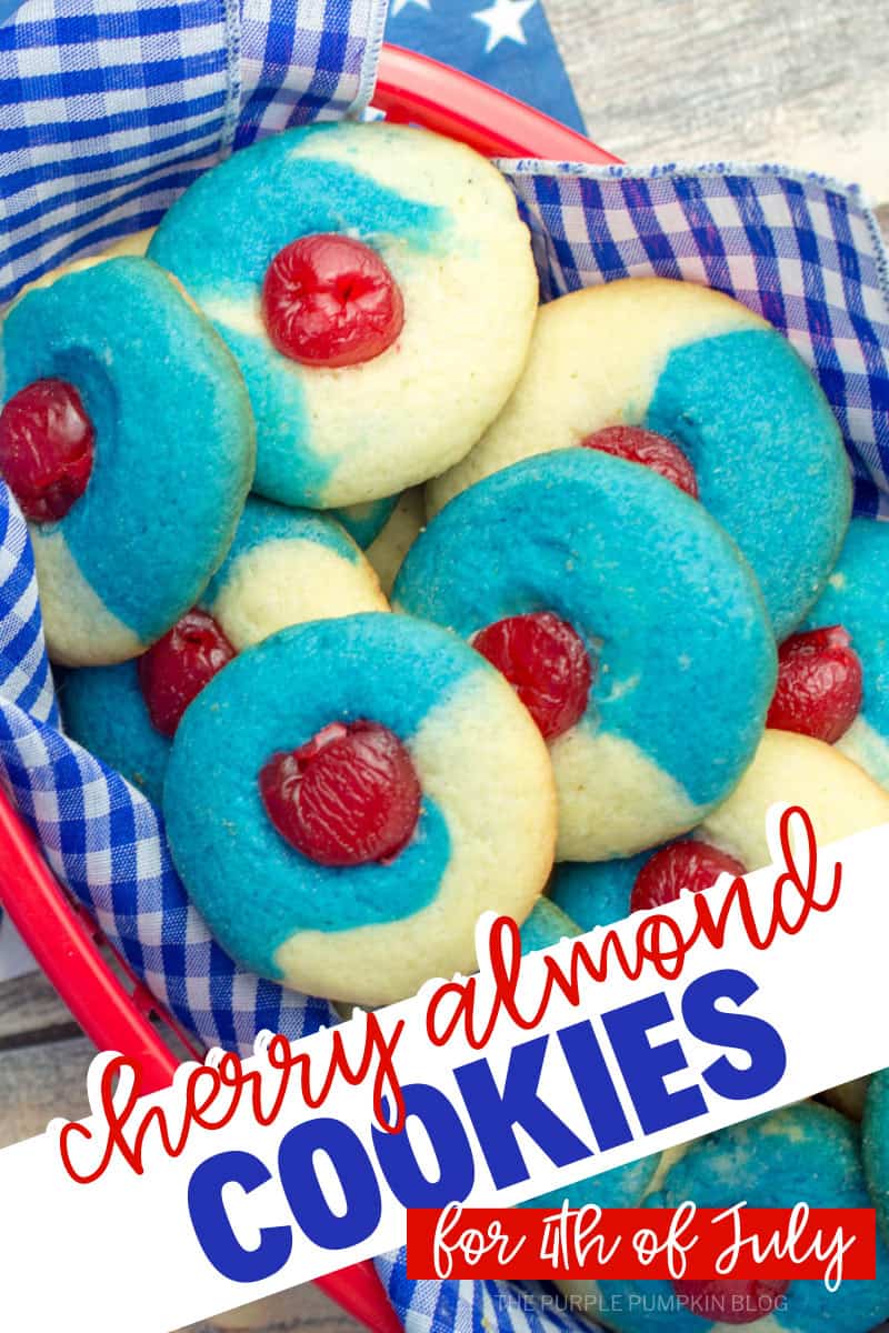 Basket of red, white, and blue cherry almond cookies for 4th of july