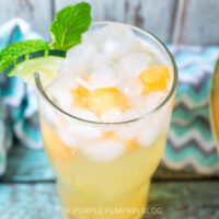 Cucumber Cantaloupe Mint Fizz cocktail in a glass, garnished with mint leaves, and cucumber slice, with a half of cantaloupe melon to the right of the glass.