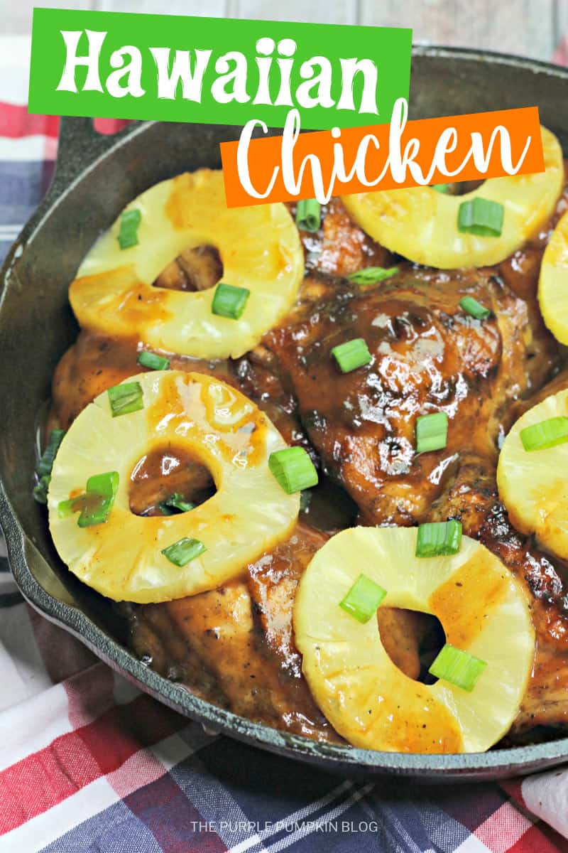 This delicious Hawaiian Chicken dish is great for summer dining, or for serving at a tropical themed party or Hawaiian luau party! Made with chicken thighs, brown sugar, spices and pineapple, it is a totally tropical delight! #HawaiianChicken #ChickenRecipes #HawaiianRecipes #ThePurplePumpkinBlog #LuauParty #HawaiianParty
