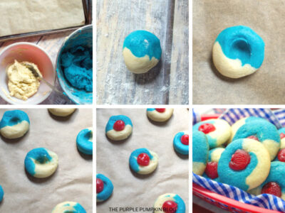 Collage of 6 step-by-step images demonstrating how to make cherry almond cookies, with colored dough, formed into cookies and placed on a baking sheet with a maraschino cherry.
