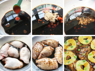 Recipe Card images for Hawaiian Chicken showing marinade, chicken pieces in marinade, and finished dish.