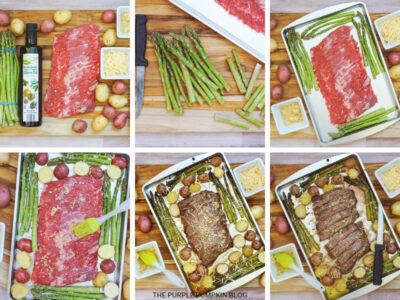 Collage of step-by-step photos showing how to make sheet pan steak dinner with asparagus and potatoes