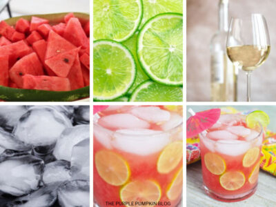 6 images showing how to make a watermelon lime spritzer - watermelon, lime, white wine, ice, close up of drink, and long shot of drink